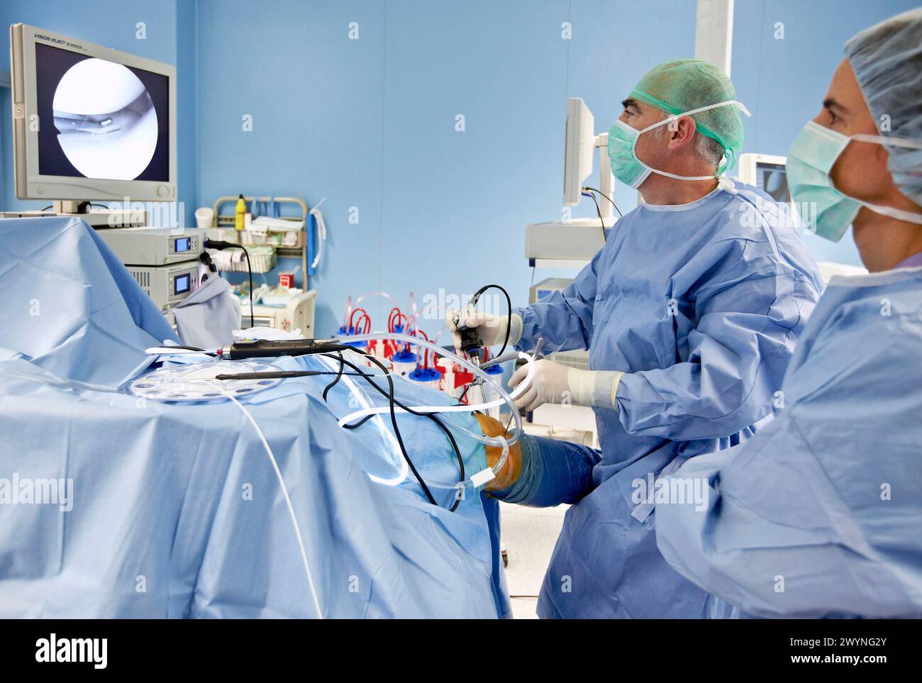 Arthroscopy, surgery, operating room. Hospital Policlinica Gipuzkoa, San Sebastian, Donostia, Euskadi, Spain. Stock Photo