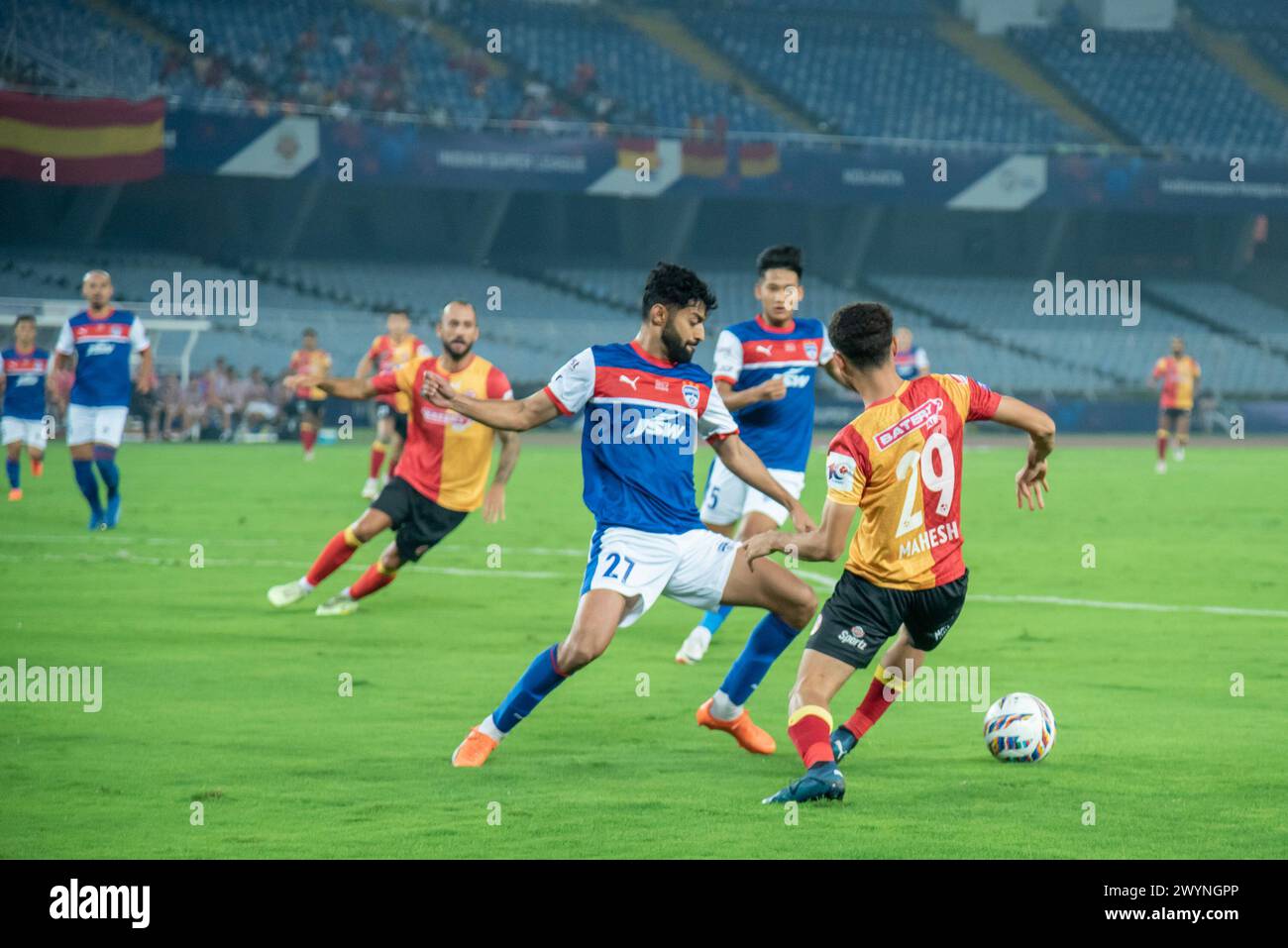 Kolkata, India. 07th Apr, 2024. Eastbengal Football Club (EBFC) wins crucial home match at Kolkata in 10th season of ISL, 2023-24 against Bengaluru FC (BFC) by 2-1 margin to keep alive hope in super six of Indian Super League. Saul Crespo (P) and Cleiton Silva scored for EBFC while Sunil Chhetri (P) reduced scores for BFC.Different moments of the match between EBFC and BFC. (Photo by Amlan Biswas/Pacific Press) Credit: Pacific Press Media Production Corp./Alamy Live News Stock Photo