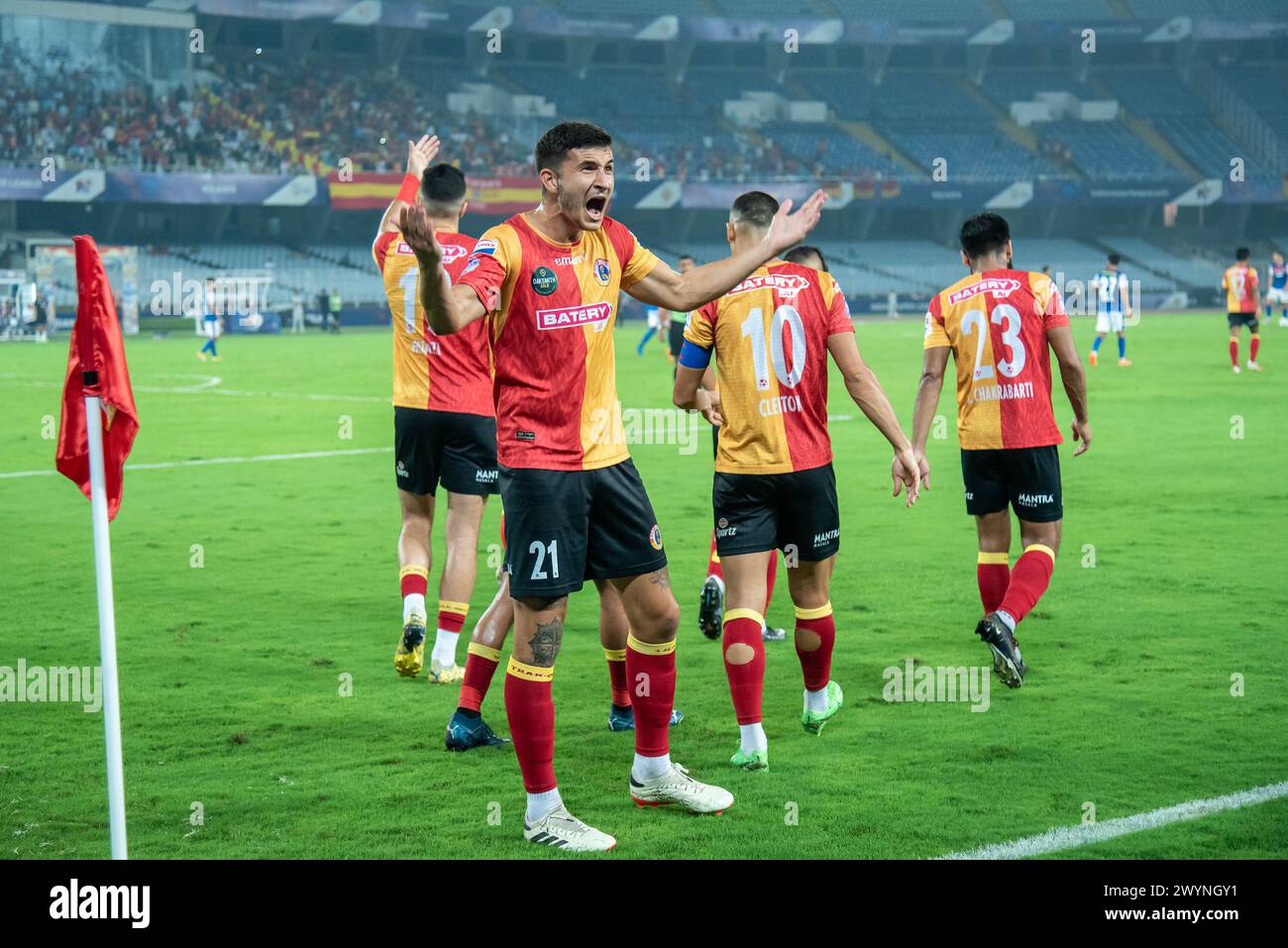 Kolkata, India. 07th Apr, 2024. Eastbengal Football Club (EBFC) wins crucial home match at Kolkata in 10th season of ISL, 2023-24 against Bengaluru FC (BFC) by 2-1 margin to keep alive hope in super six of Indian Super League. Saul Crespo (P) and Cleiton Silva scored for EBFC while Sunil Chhetri (P) reduced scores for BFC.Saul Crespo celebrating after 1st goal for EBFC. (Photo by Amlan Biswas/Pacific Press) Credit: Pacific Press Media Production Corp./Alamy Live News Stock Photo