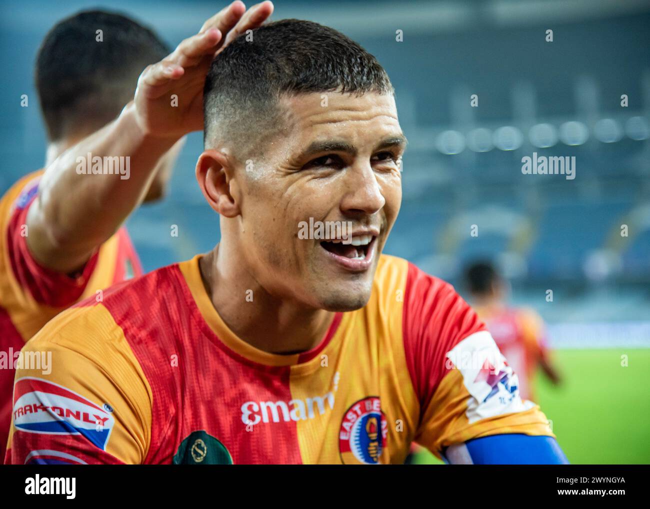 Kolkata, India. 07th Apr, 2024. Eastbengal Football Club (EBFC) wins crucial home match at Kolkata in 10th season of ISL, 2023-24 against Bengaluru FC (BFC) by 2-1 margin to keep alive hope in super six of Indian Super League. Saul Crespo (P) and Cleiton Silva scored for EBFC while Sunil Chhetri (P) reduced scores for BFC.Cleiton Silva celebrating after scorig the winning goal. (Photo by Amlan Biswas/Pacific Press) Credit: Pacific Press Media Production Corp./Alamy Live News Stock Photo