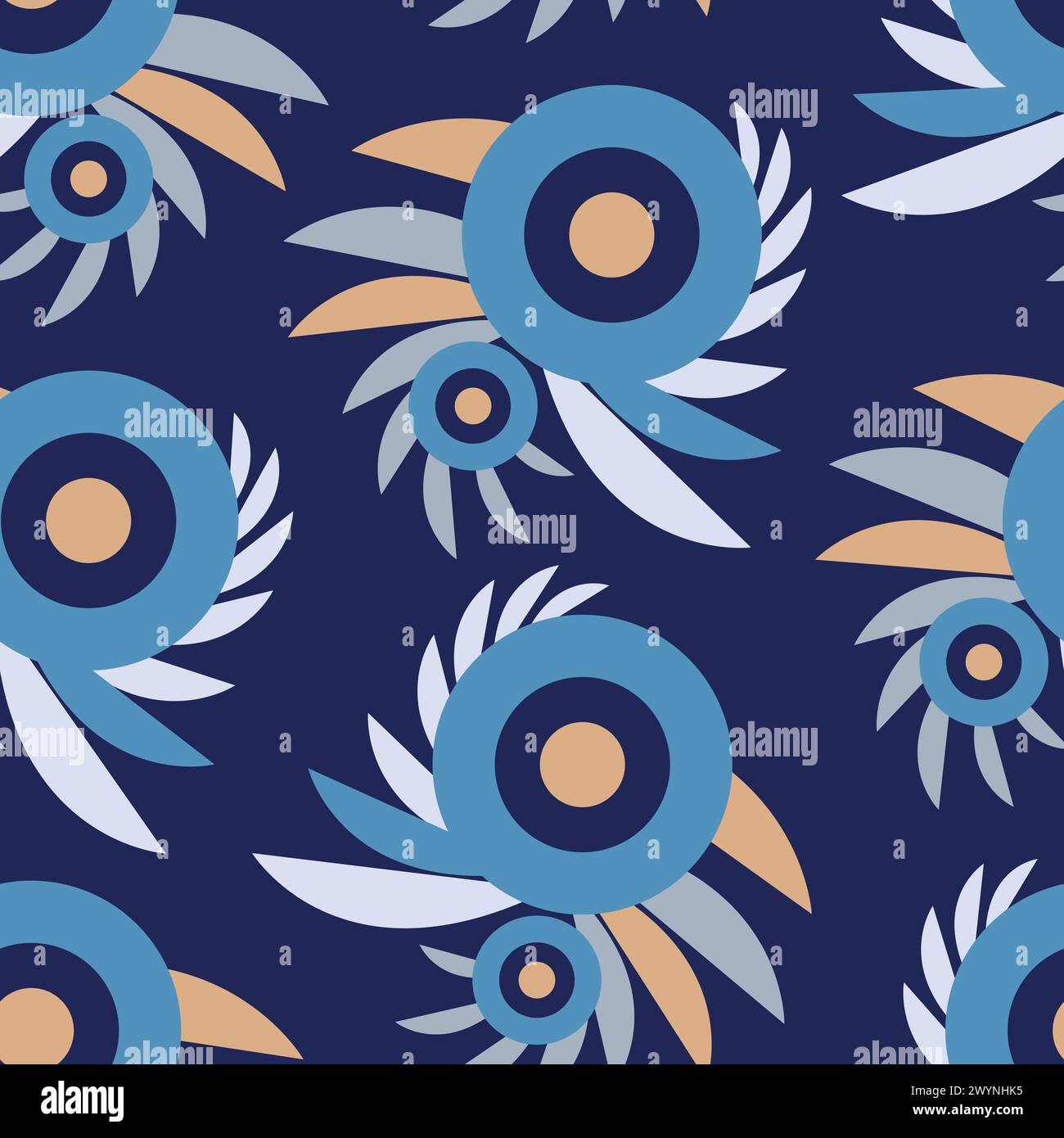 Vector graphic seamless pattern. Circles and swirls on a blue background. Stock Vector