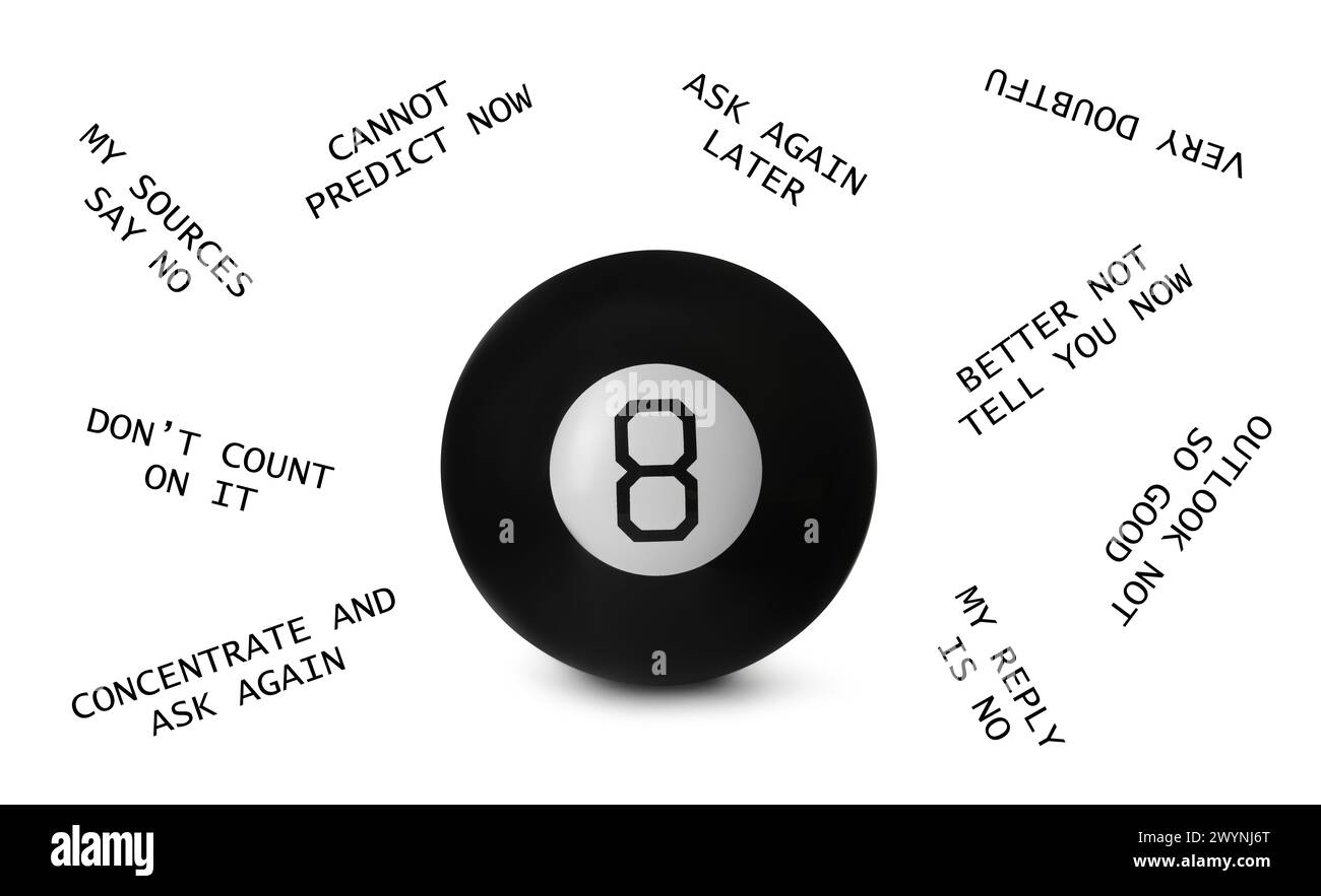 Magic eight ball and different predictions around it on white ...