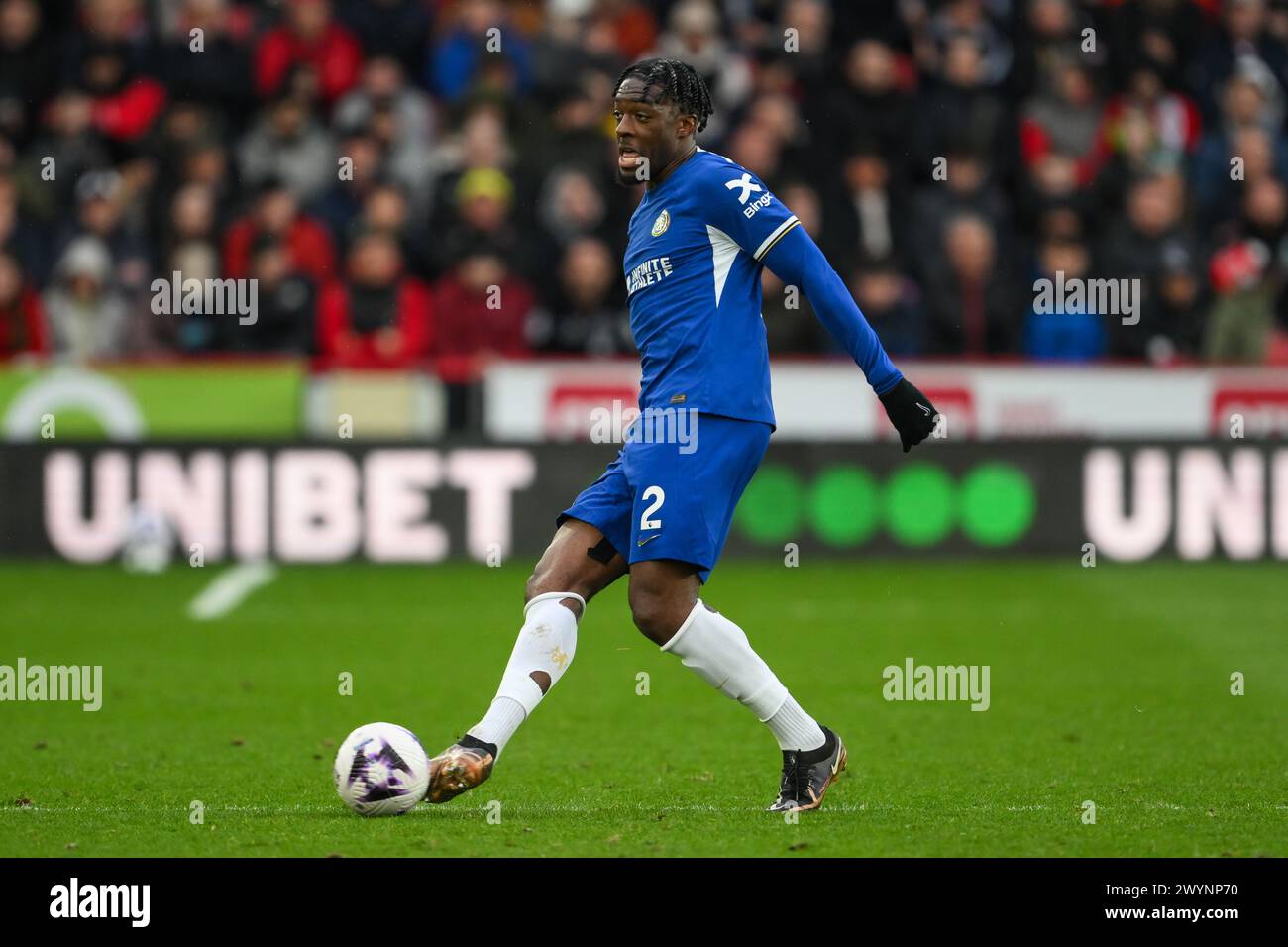 Axel Disasi of Chelsea passes the ball during the Premier League match Sheffield United vs Chelsea at Bramall Lane, Sheffield, United Kingdom, 7th April 2024 (Photo by Craig Thomas/News Images) in, on 4/7/2024. (Photo by Craig Thomas/News Images/Sipa USA) Credit: Sipa USA/Alamy Live News Stock Photo