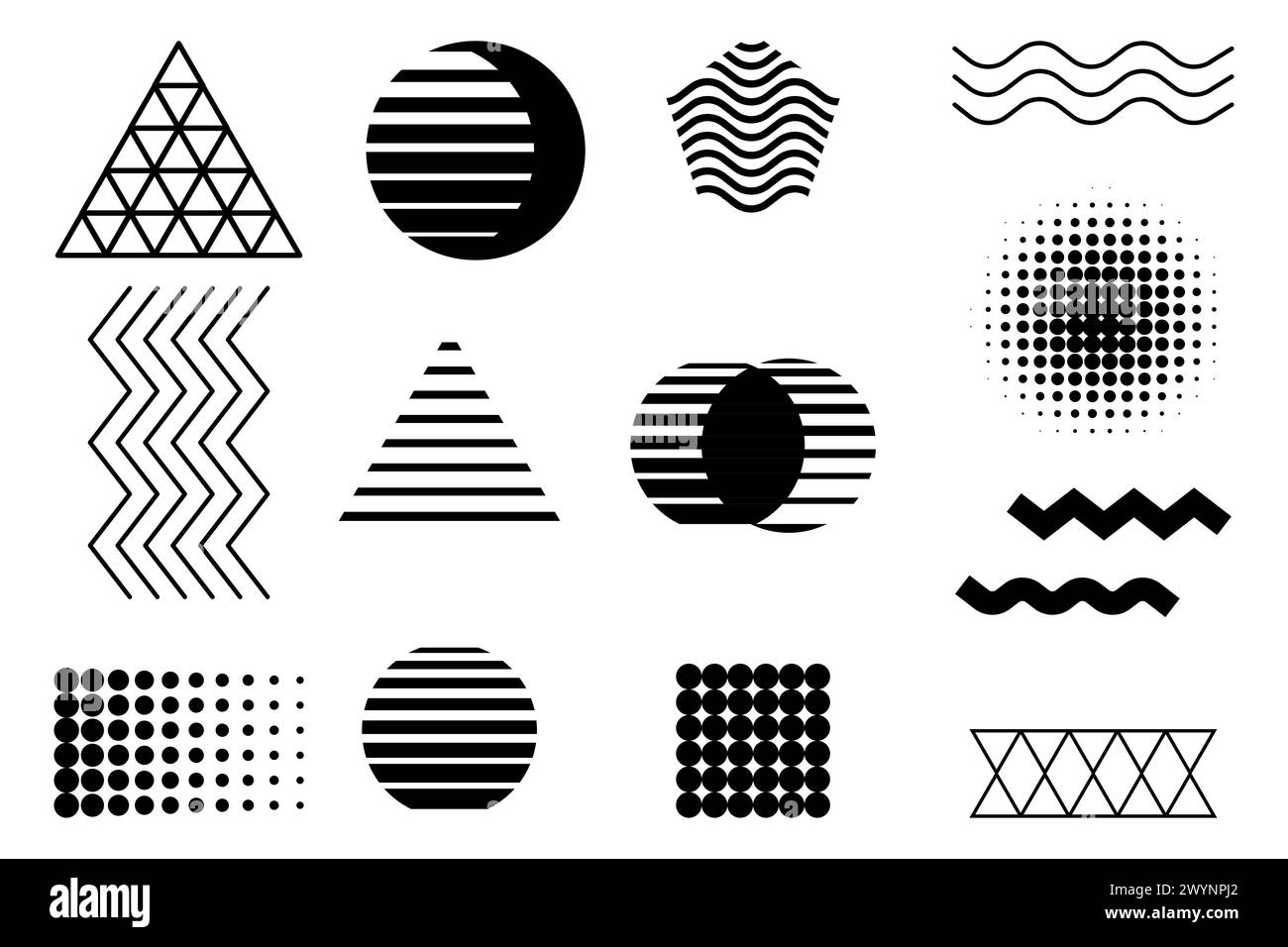 Abstract geometric icons. Triangles, circles, waves in monochrome ...