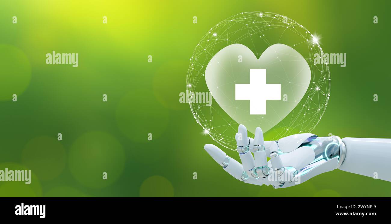 Futuristic AI robot Hand offer hospital heart with white cross on green ...