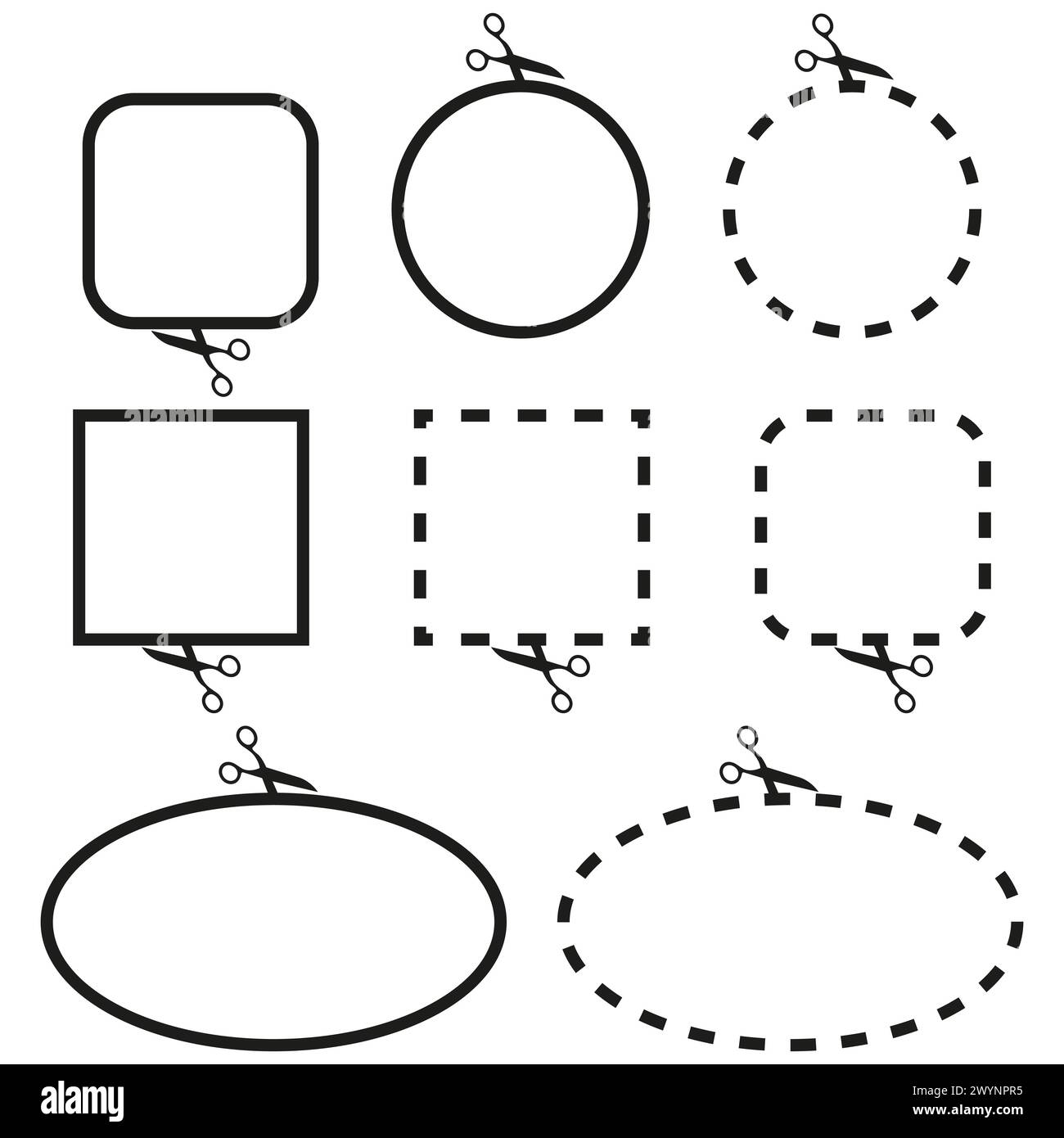 Scissor cut lines set. Circular, square, oval outlines. Coupon border ...