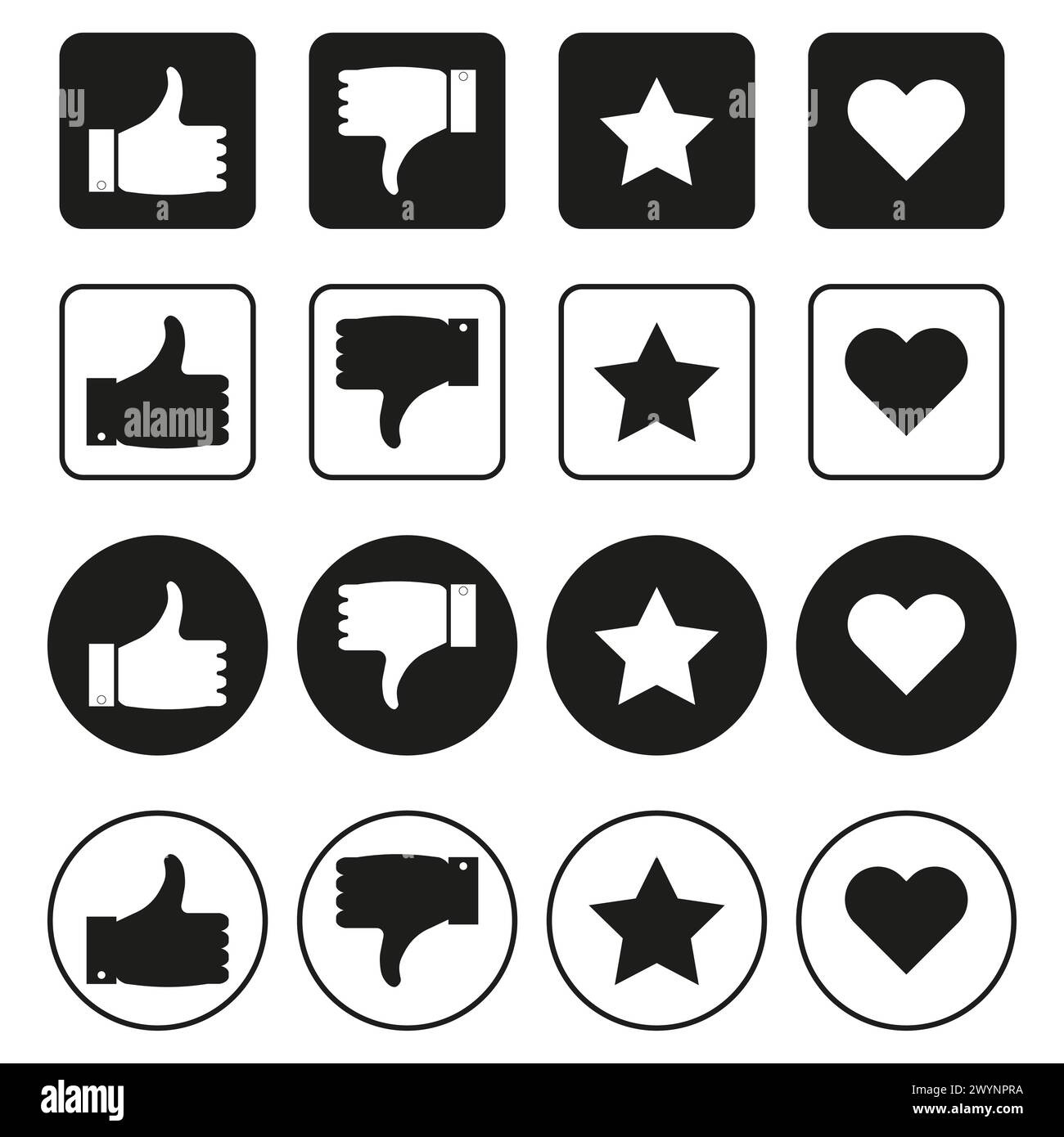 Social media feedback icons. Like and dislike buttons. Star rating 