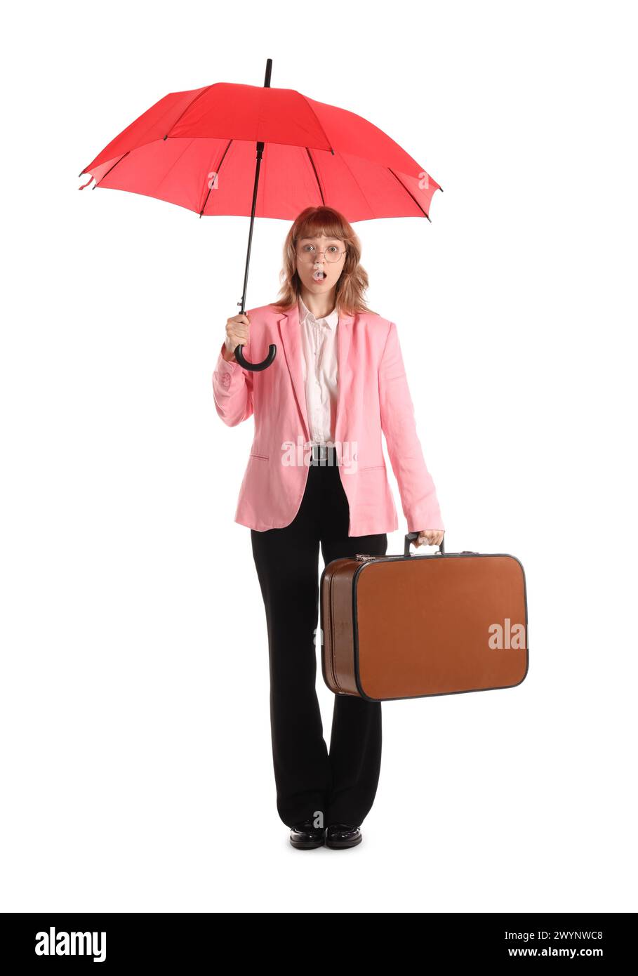 Funny shocked businesswoman with umbrella and briefcase isolated on white background Stock Photo