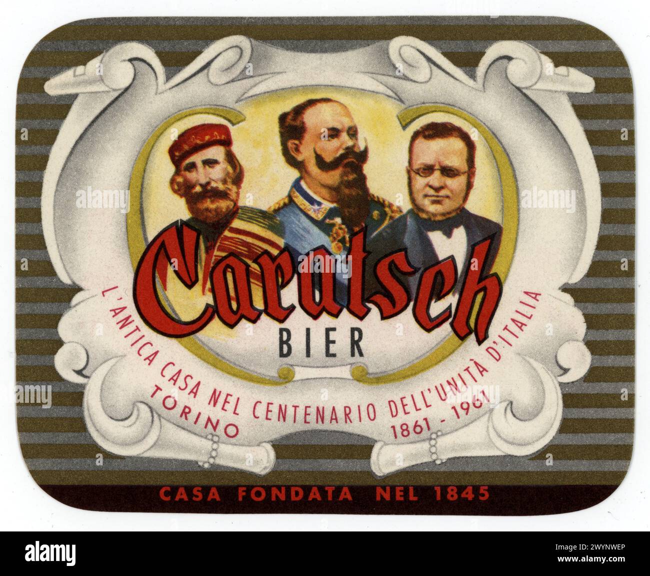1961 , TORINO , PIEMONTE ,  ITALY : The italian CARATSCH BIER , founded in Turin , 1845 . Bottle label for BIRRA bottles specially produced for the Centenary of the Unification of Italy ( Unità d'ITALIA , 1861 - 1961) with the portraits of general GIUSEPPE GARIBALDI , King VITTORIO EMANUELE II of SAVOIA and Count CAMILLO BENSO DI CAVOUR . Bosio & Caratsch is the oldest Italian brewery . After several decades of activity and recognition , in 1937 the company was purchased by the Luciani Group , already owner of the Pedavena brand, as well as the Italian dealer of Dreher and Heineken .It ceased Stock Photo