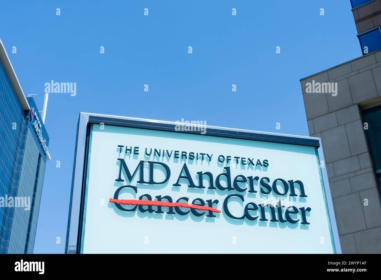 Houston, Texas, USA - April 3, 2024: University of Texas MD Anderson Cancer Center logo sign at Texas Medical Center in Houston, Texas. Stock Photo