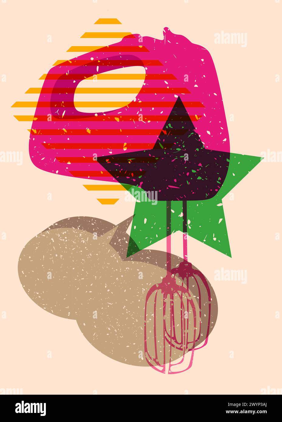 Risograph mixer with speech bubble with geometric shapes. Objects in trendy riso graph print texture style design with geometry elements. Stock Vector