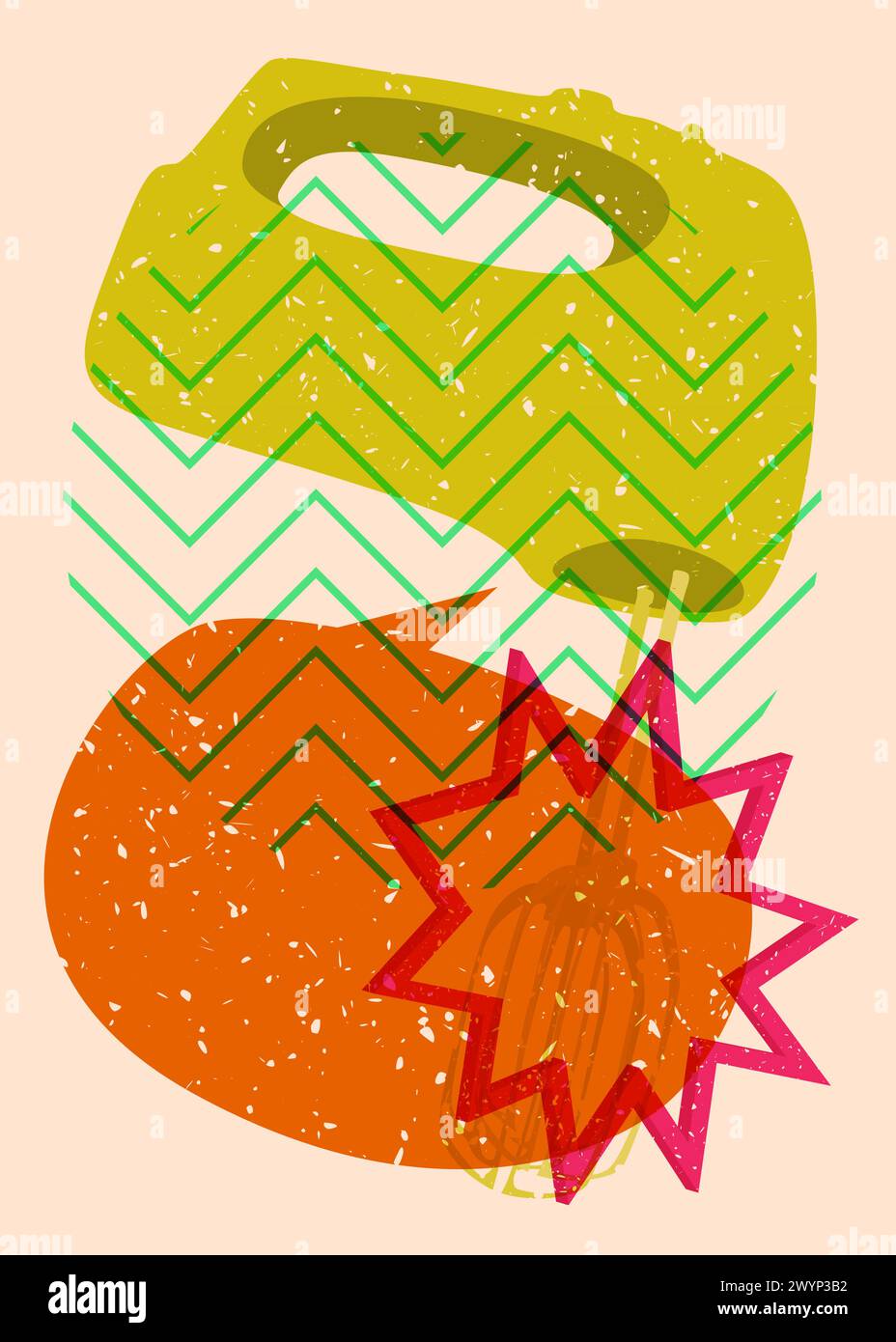 Risograph mixer with speech bubble with geometric shapes. Objects in trendy riso graph print texture style design with geometry elements. Stock Vector