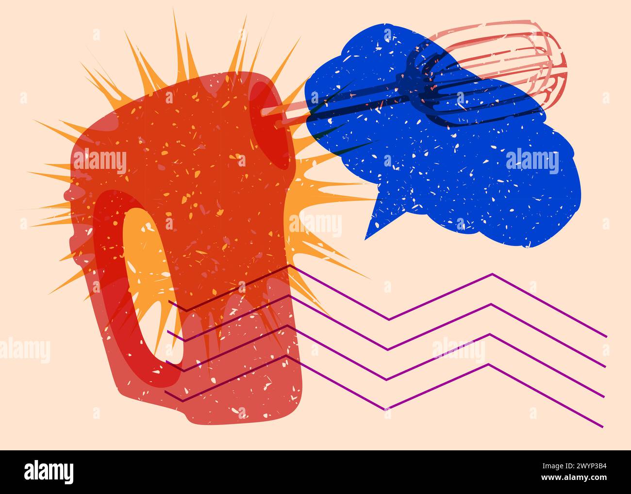Risograph mixer with speech bubble with geometric shapes. Objects in trendy riso graph print texture style design with geometry elements. Stock Vector