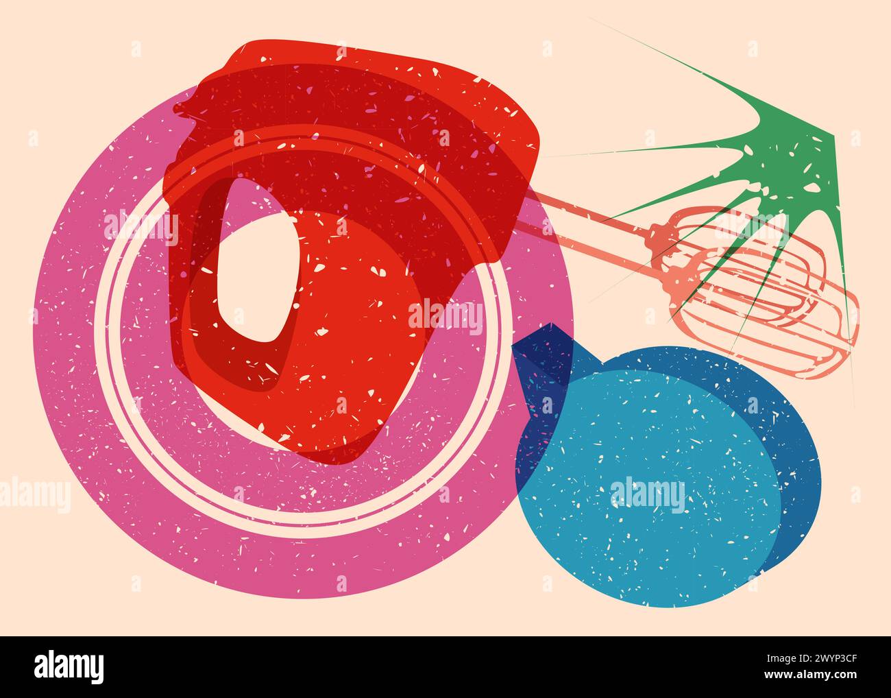 Risograph mixer with speech bubble with geometric shapes. Objects in trendy riso graph print texture style design with geometry elements. Stock Vector