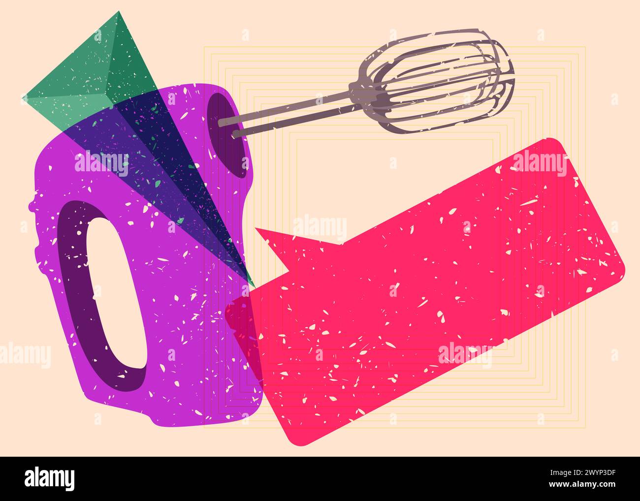 Risograph mixer with speech bubble with geometric shapes. Objects in trendy riso graph print texture style design with geometry elements. Stock Vector