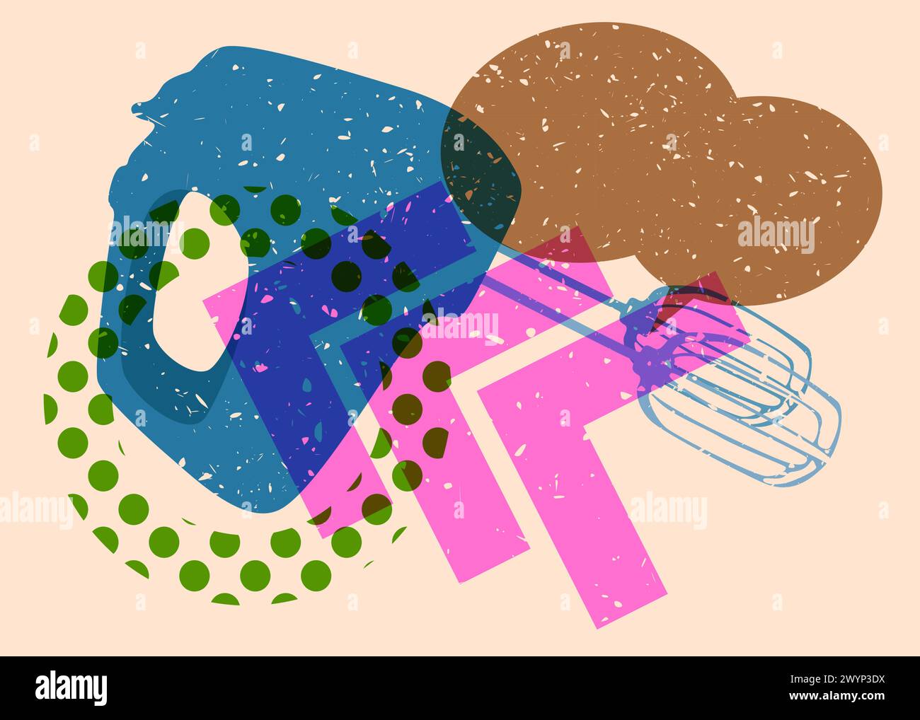Risograph mixer with speech bubble with geometric shapes. Objects in trendy riso graph print texture style design with geometry elements. Stock Vector