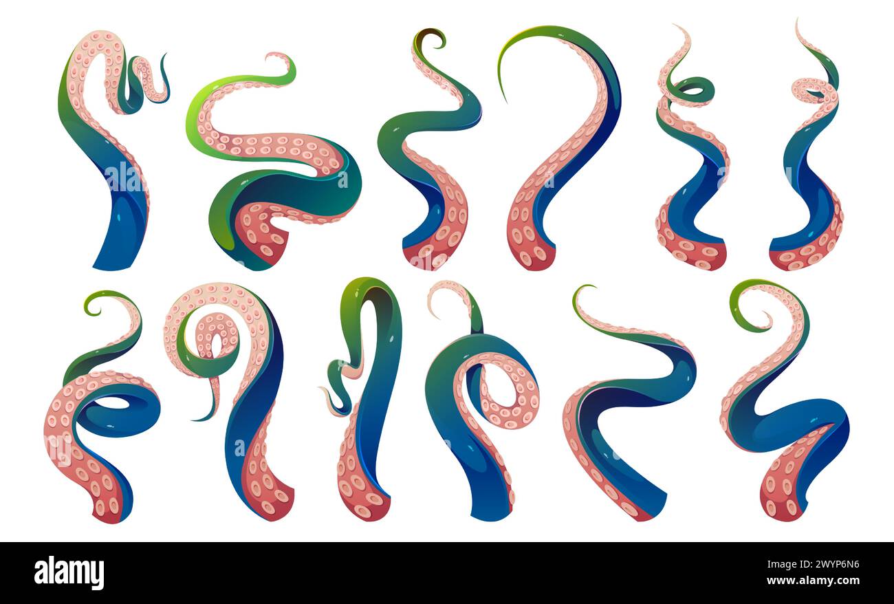 Tentacle leg vector. Octopus monster arm isolated cartoon set. Giant kraken marine scary blue and green gradient drawing png. Underwater ocean squid creature part asset collection for aquatic game Stock Vector