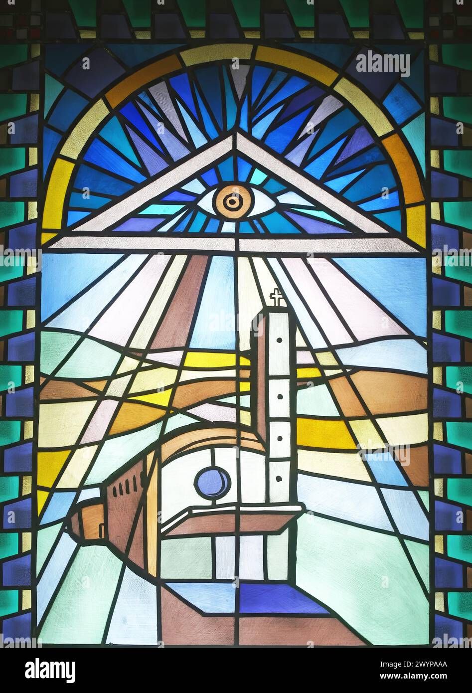Stained glass window in the parish church of the Exaltation of the Holy Cross in Kerestinec, Croatia Stock Photo