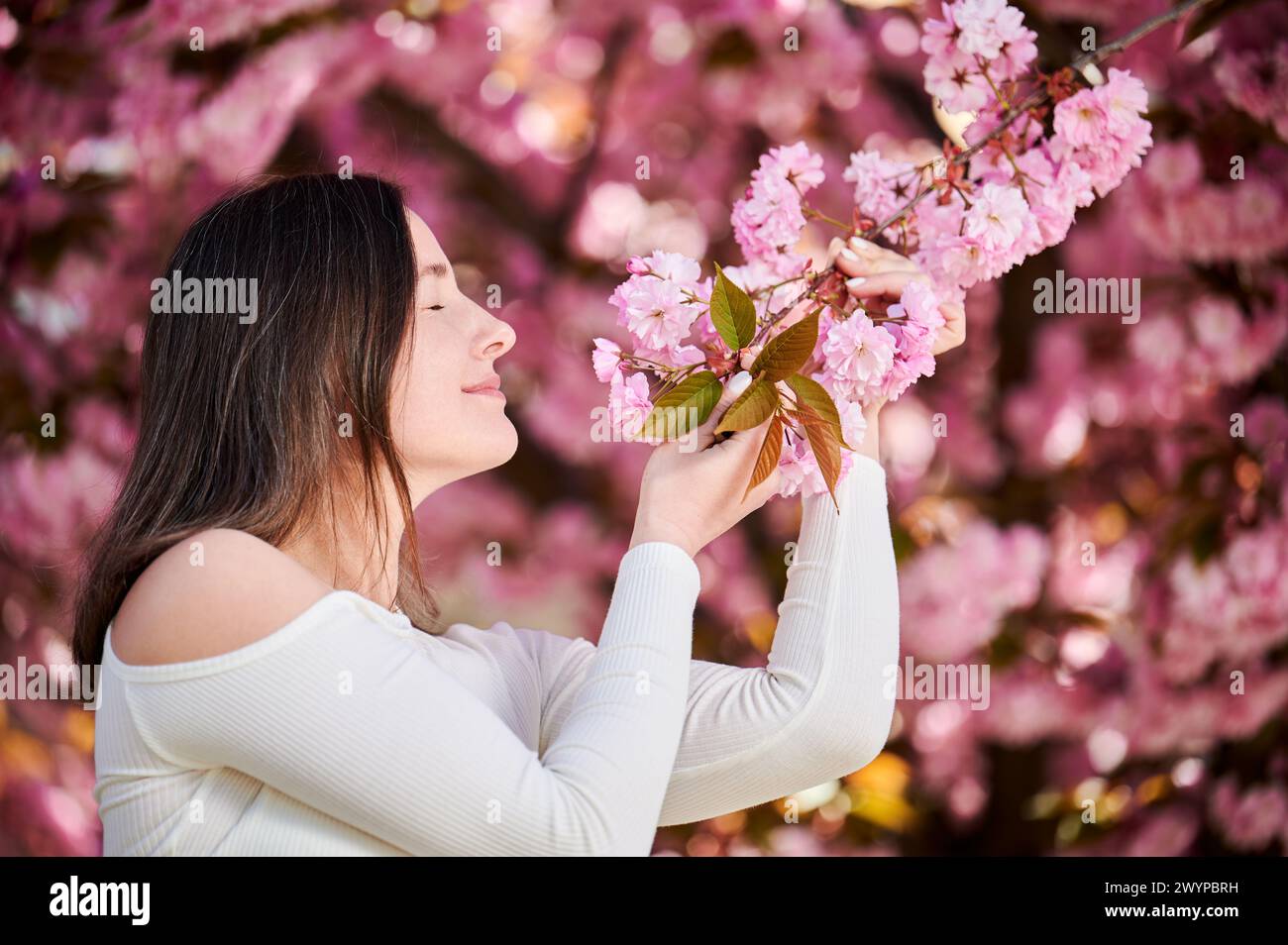 Sniff Spring Woman allergic enjoying after treatment from seasonal allergy at spring ...