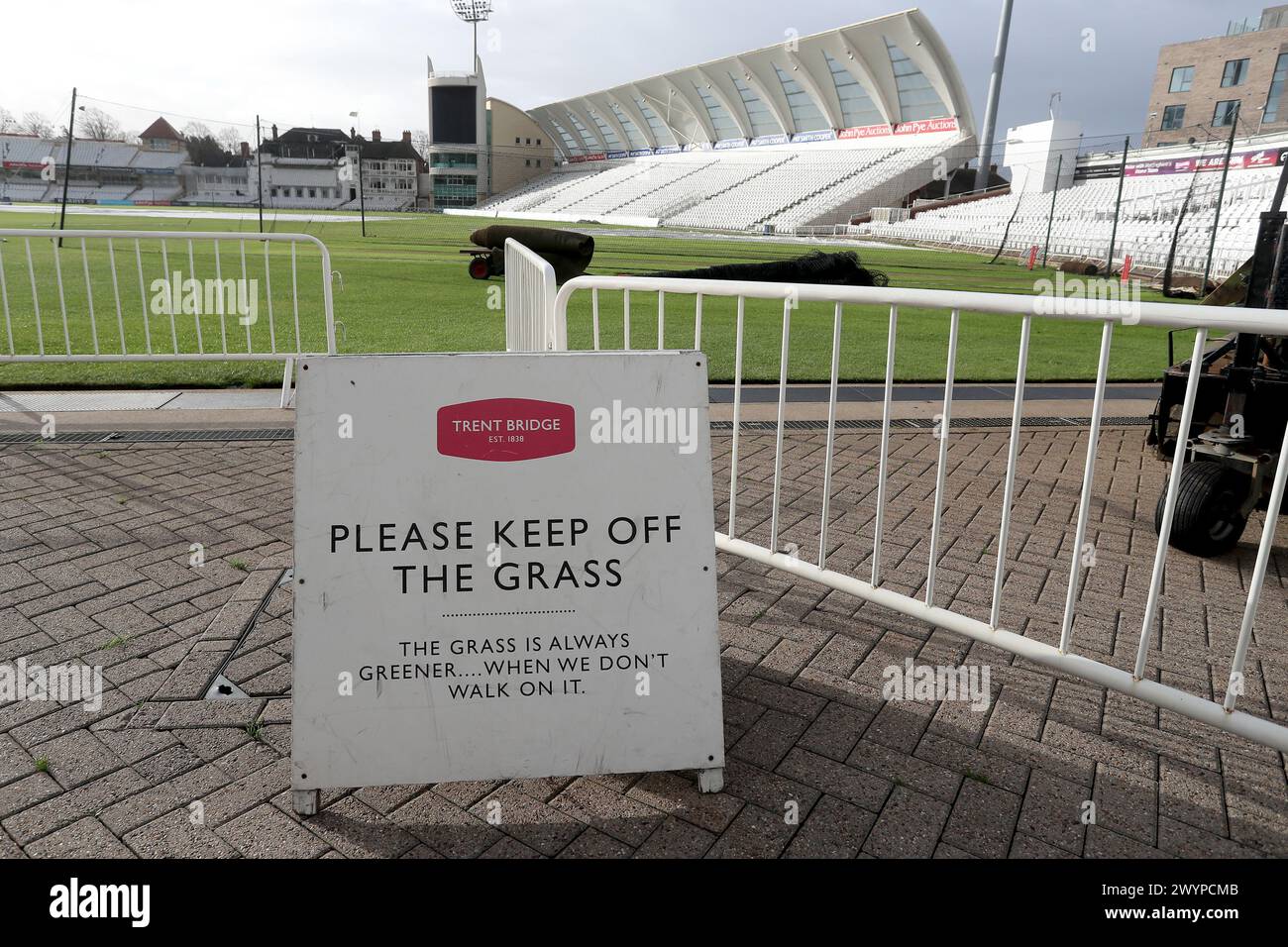 Please Keep Off The Grass sign during Nottinghamshire CCC vs Essex CCC, Vitality County Championship Division 1 Cricket at Trent Bridge on 7th April 2 Stock Photo