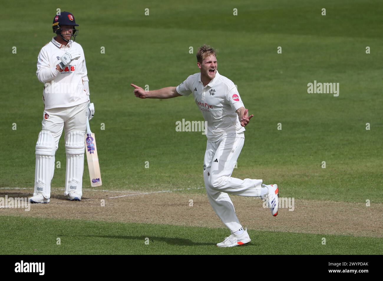Dillon Pennington of Nottinghamshire celebrates taking the wicket of Tom Westley during Nottinghamshire CCC vs Essex CCC, Vitality County Championship Stock Photo