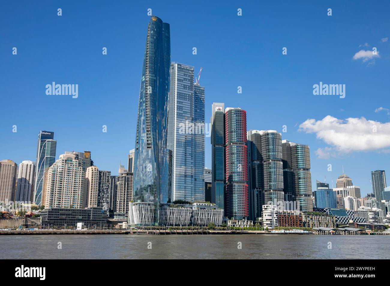 Sydney CBD cityscape and skyline, blue sky day, Crown Casino and Barangaroo skyscrapers and