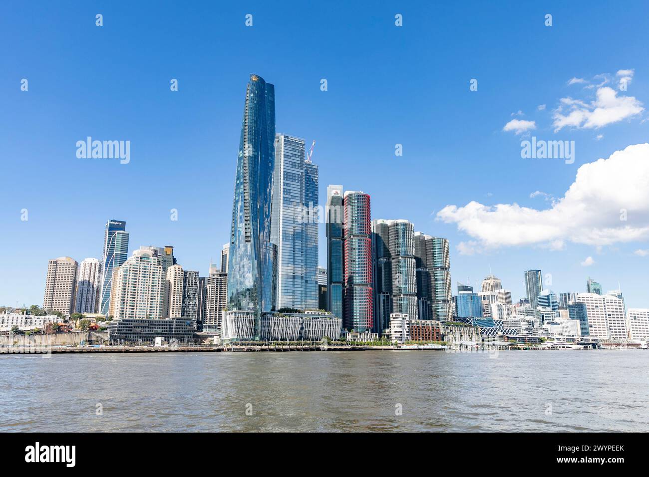 Sydney CBD cityscape and skyline, blue sky day, Crown Casino and Barangaroo skyscrapers and