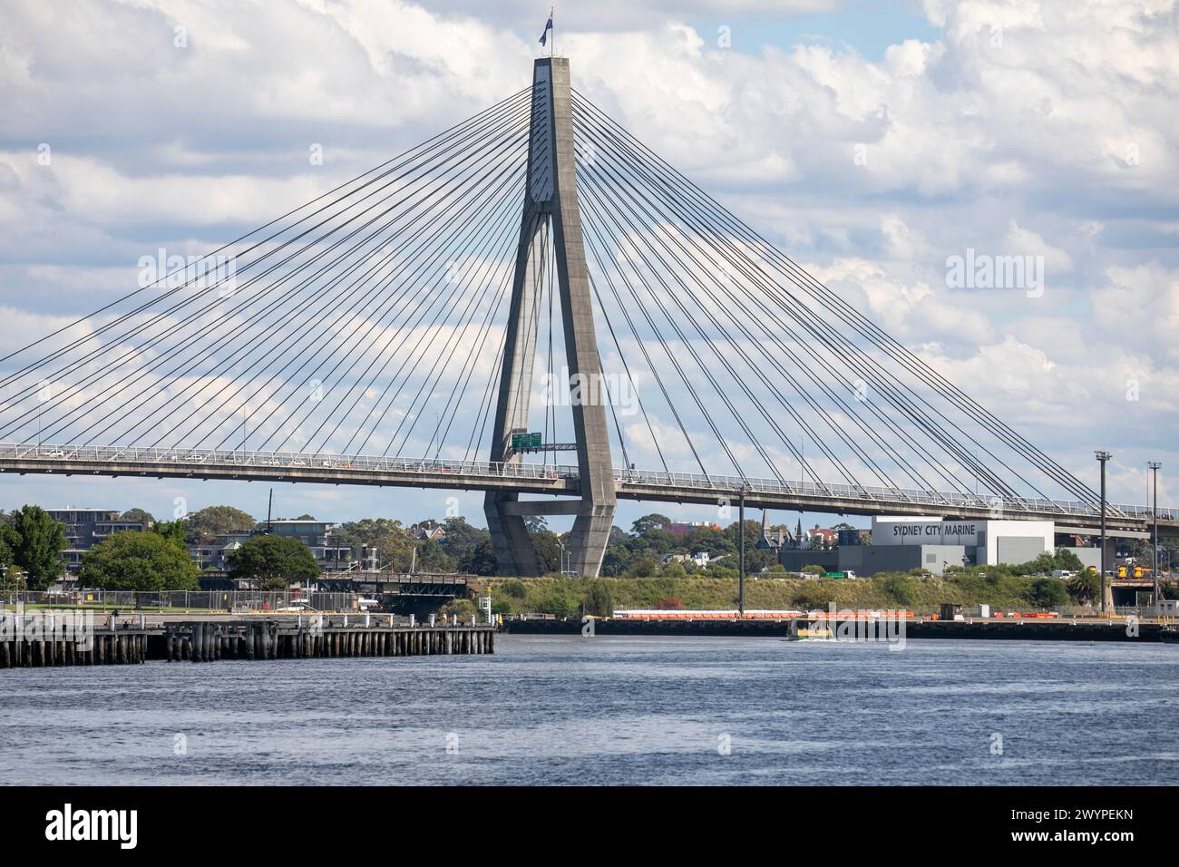 Anzac Bridge in Sydney links Pyrmont to Glebe and carries vehiclualr traffic as the western distributor, the bridge was opened in 1995, NSW,Australia Stock Photo