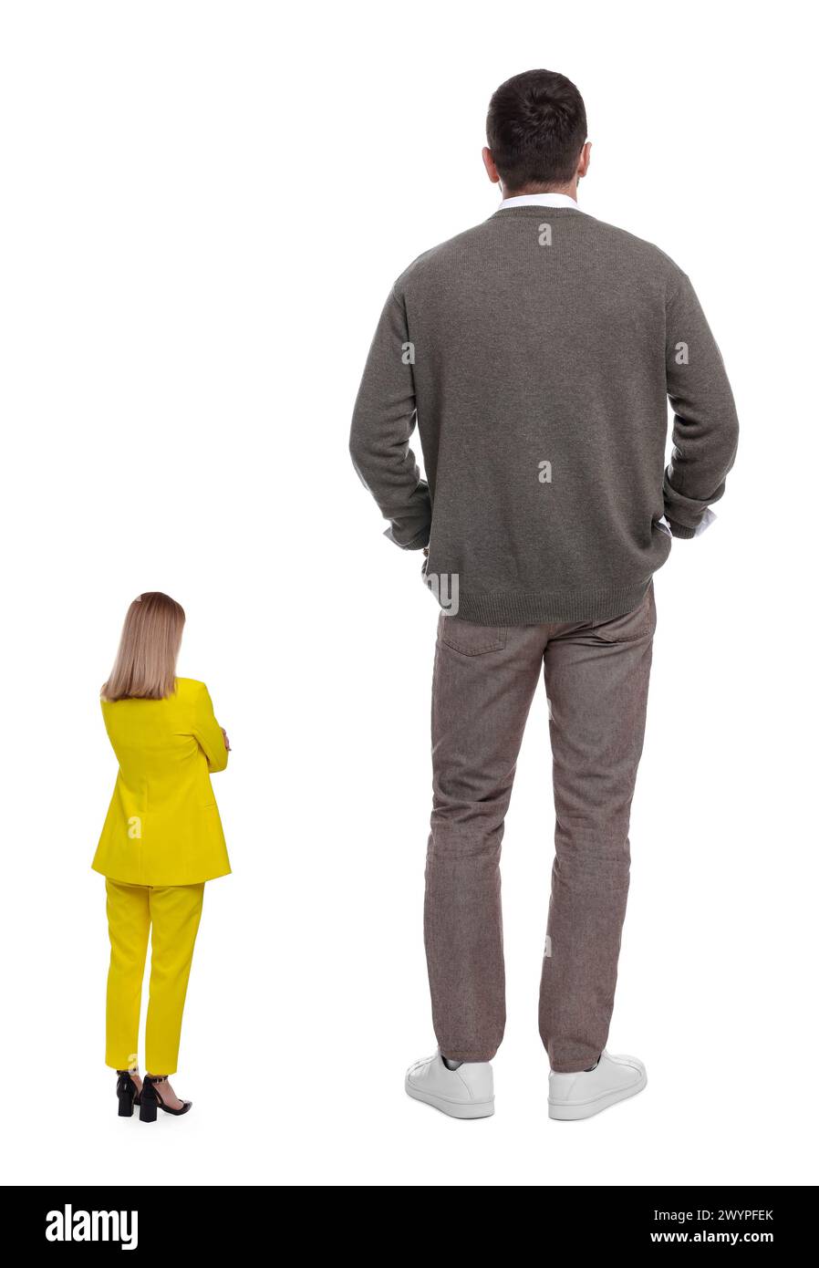 Big man and small woman on white background, back view Stock Photo