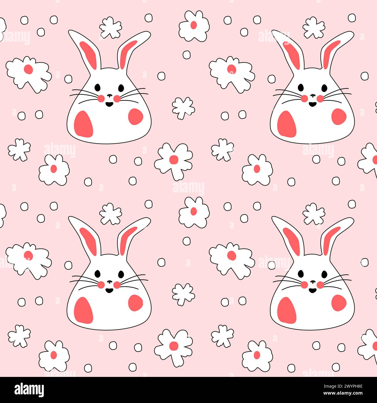 Seamless pattern with cute white rabbits with flowers. Easter bunnies ...