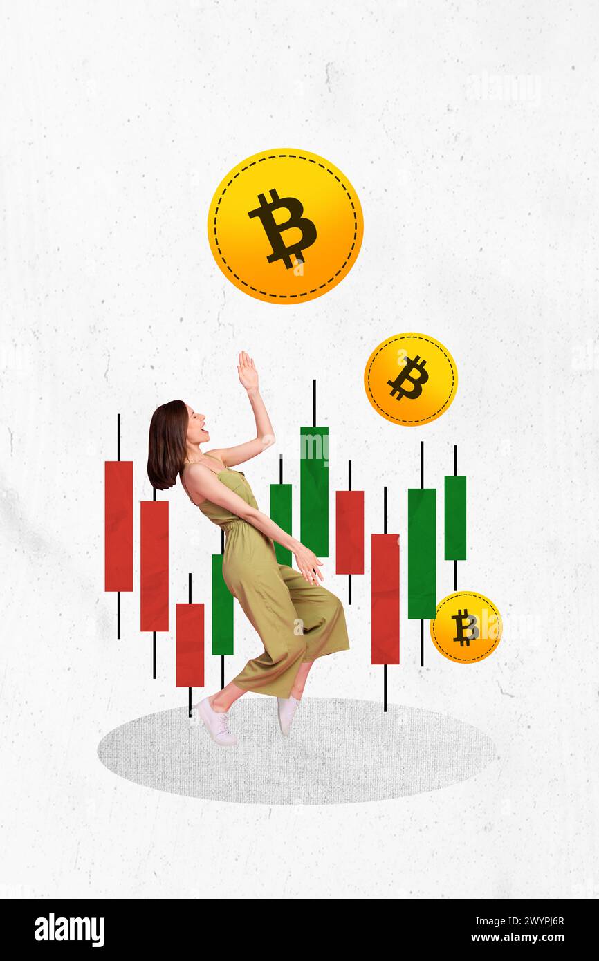 Vertical photo collage of happy successful girl dance chart dynamics bitcoin  gold crypto money trader isolated on painted background Stock Photo - Alamy