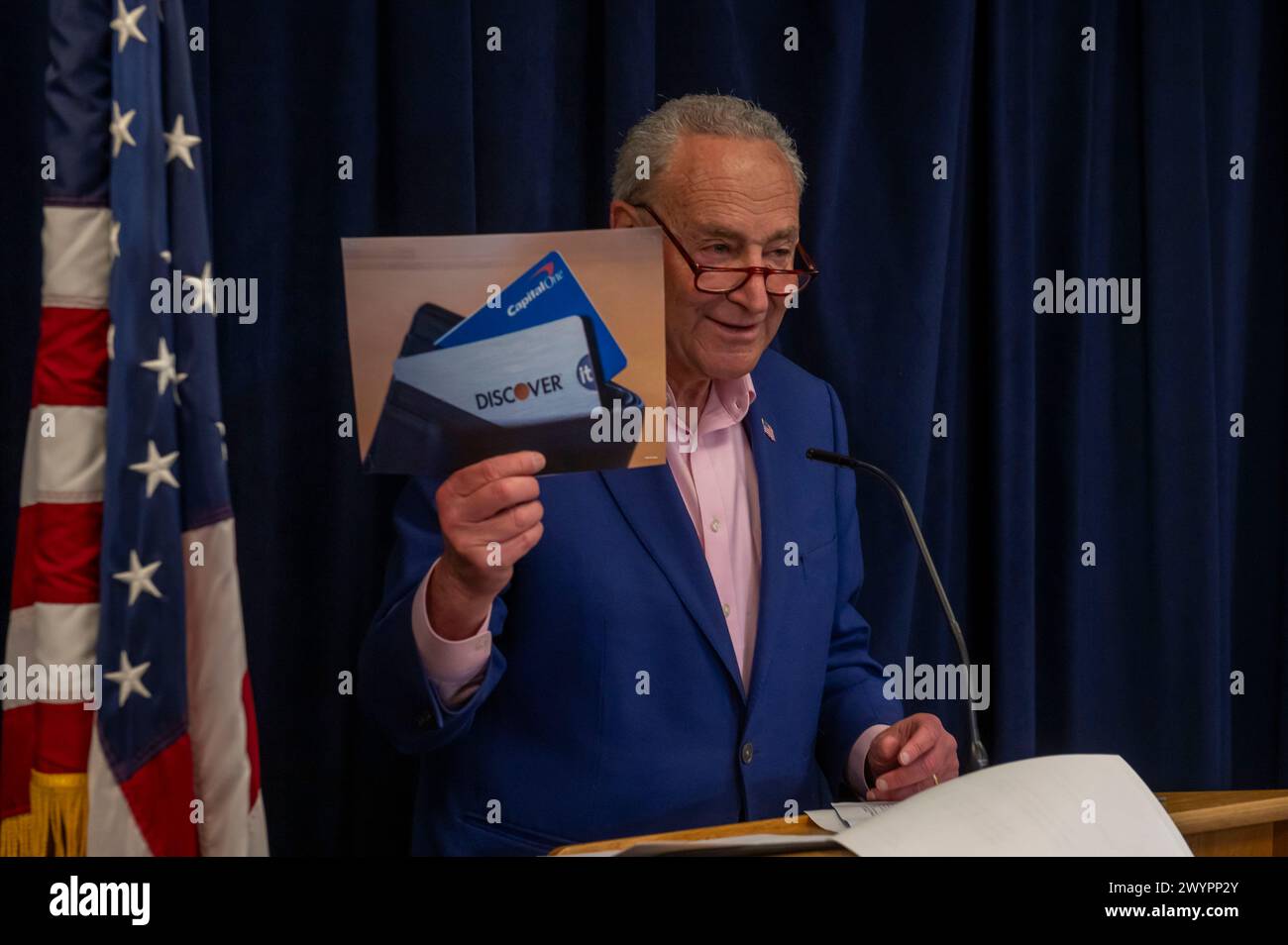 New York, United States. 07th Apr, 2024. Senate Majority Leader, Chuck Schumer (D-NY) is voicing concern that Capital One's planned acquisition of Discover for $35 billion could cause inflated costs, higher interest rates, more fees and less competition for credit card users in New York City and beyond in New York City. (Photo by Ron Adar/SOPA Images/Sipa USA) Credit: Sipa USA/Alamy Live News Stock Photo