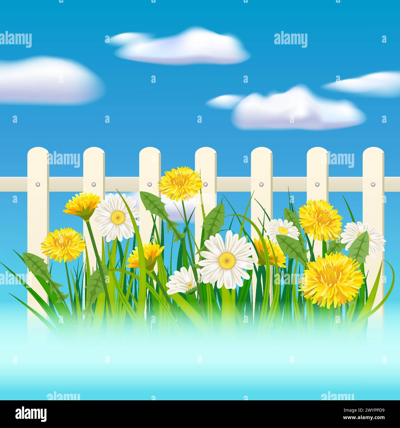 Spring summer banner green grass, daisy and dandelion flowers Stock Vector