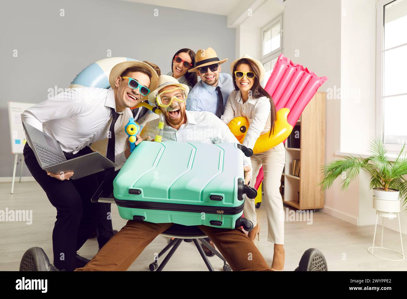 Office people holiday planning, dreaming of vacation happy leisure and recreation fun together Stock Photo