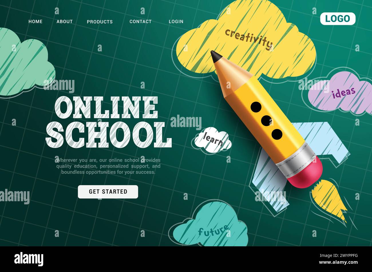 Online school vector template design. Back to school online tutorials and courses website home page for distance education and e learning application Stock Vector