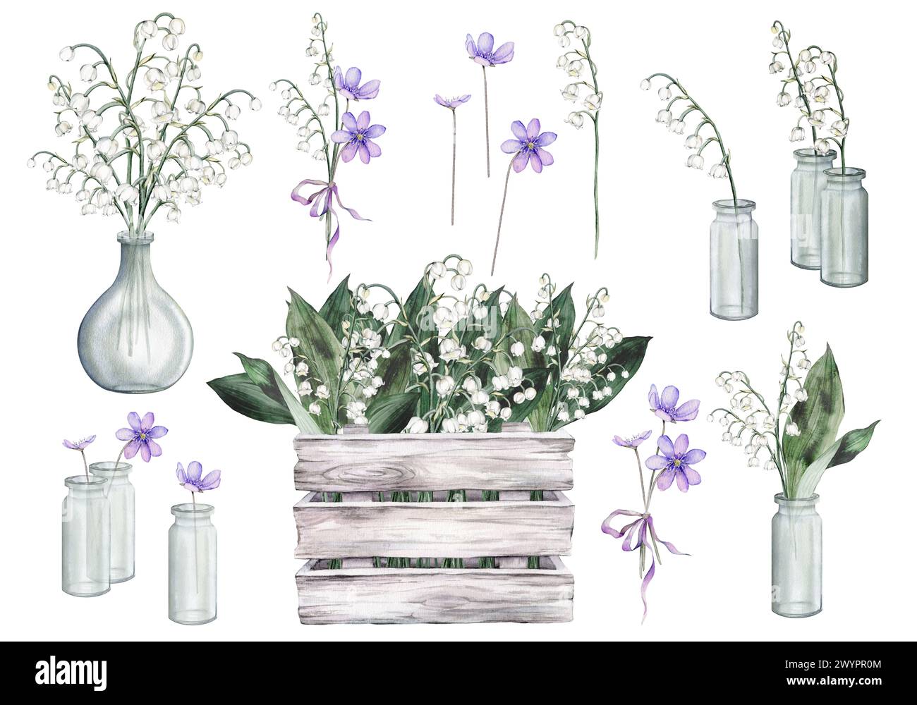 Watercolor set of illustration wooden white gray box with flower arrangement with white bouquets of lilies of the valley and lilac scilla. Hand drawn Stock Photo