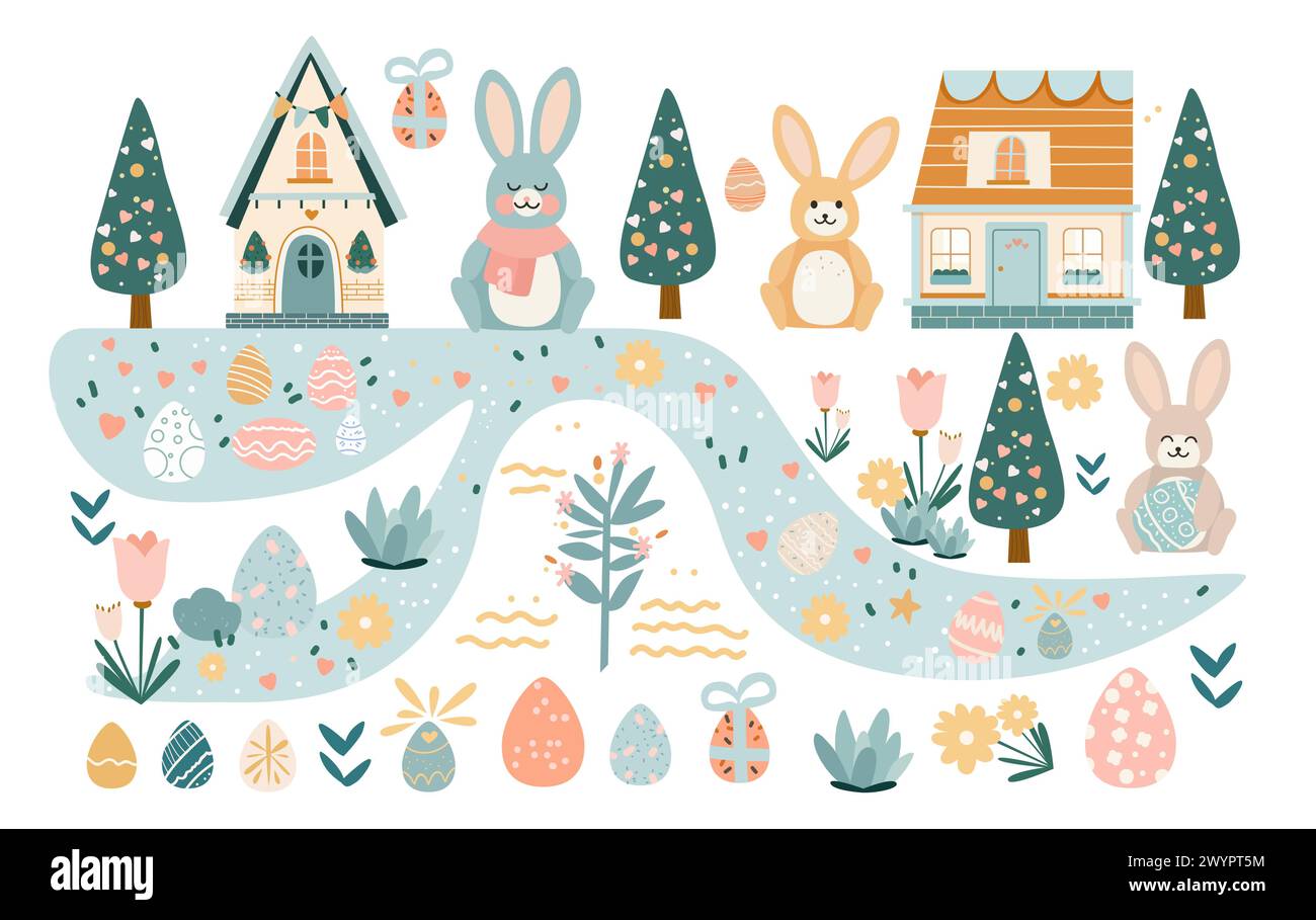 Happy Easter greeting card with rabbits and eggs in pastel colors spring holiday celebration card horizontal Stock Vector