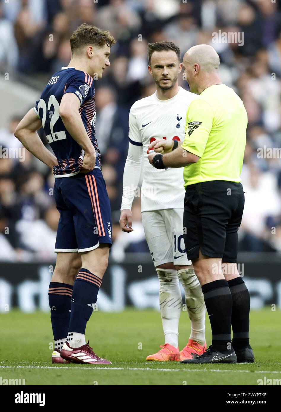 File photo dated 07/04/24 of Referee Simon Hooper (right) speaks with Nottingham Forest's Ryan Yates (left) and Tottenham Hotspur's James Maddison. Nottingham Forest boss Nuno Espirito Santo bemoaned another poor refereeing decision after he felt James Maddison should have been sent off during their 3-1 loss at Tottenham. Spurs playmaker Maddison was involved in an off-the-ball incident with Ryan Yates in the 44th minute, which ended with the Forest captain in a heap on the floor. Issue date: Monday April 8, 2024. Stock Photo
