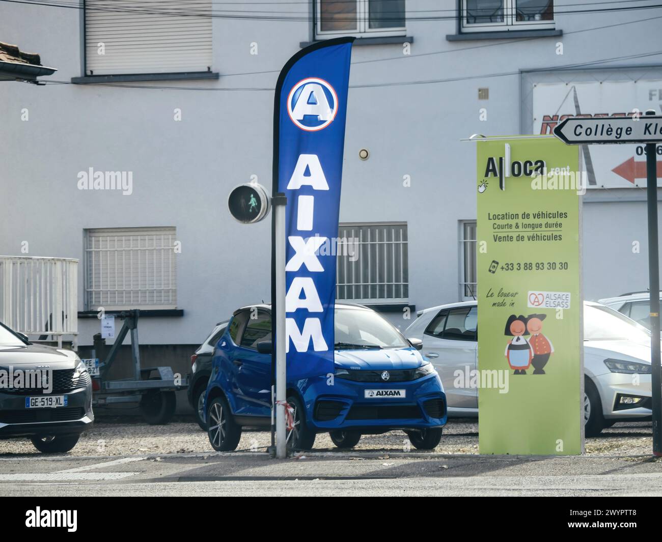 France - Mar 20, 2024: Street view of Aixam car dealership in Haguenau, featuring a lineup of cars, showcasing variety and options for customers Stock Photo