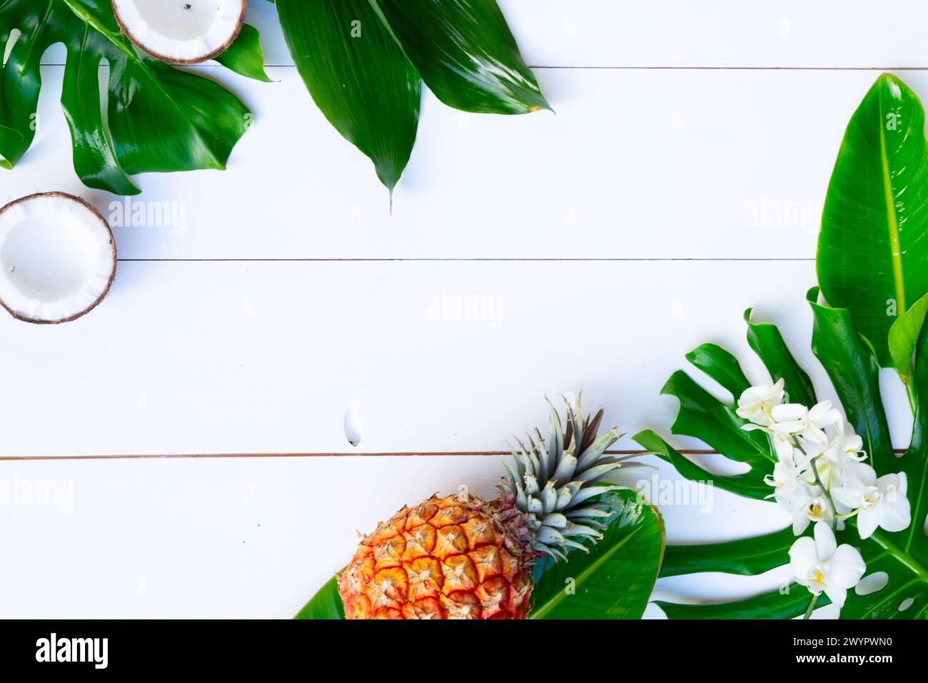 Summer flat lay scenery with tropical leaves and friuts on white ...