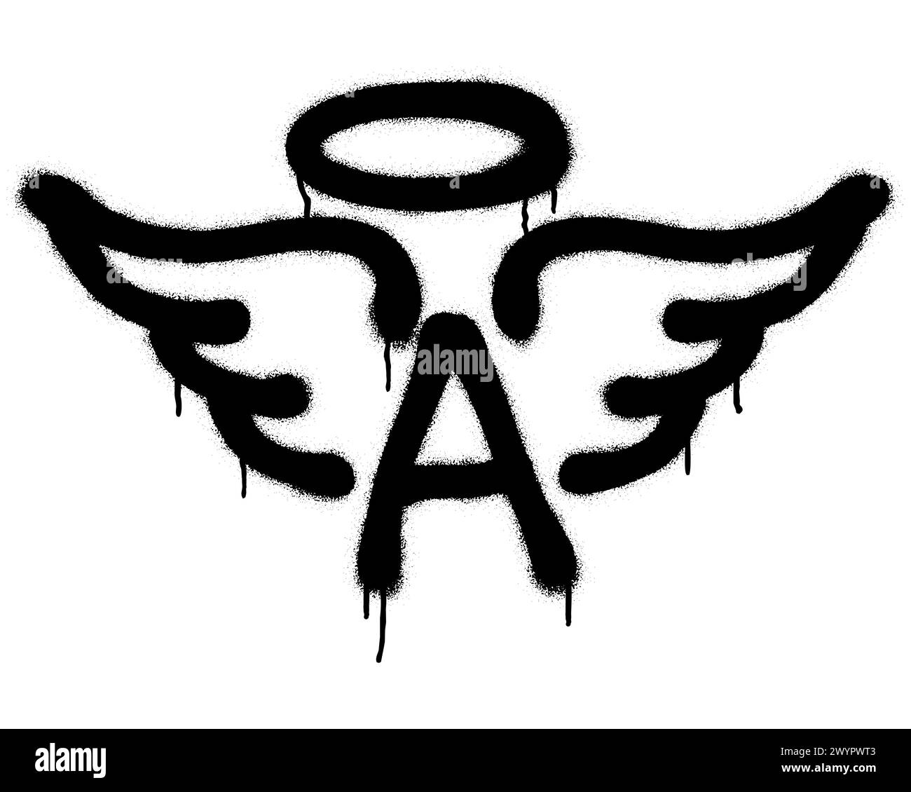 Spray graffiti letter A, wings and halo symbols over white. Stylized angel emoji. Stock Vector
