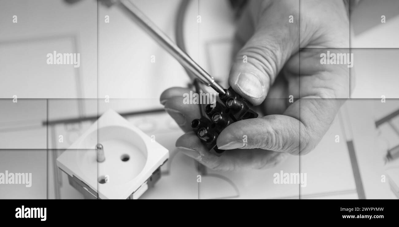 Electrician hands connecting wires in terminal block, geometric pattern Stock Photo