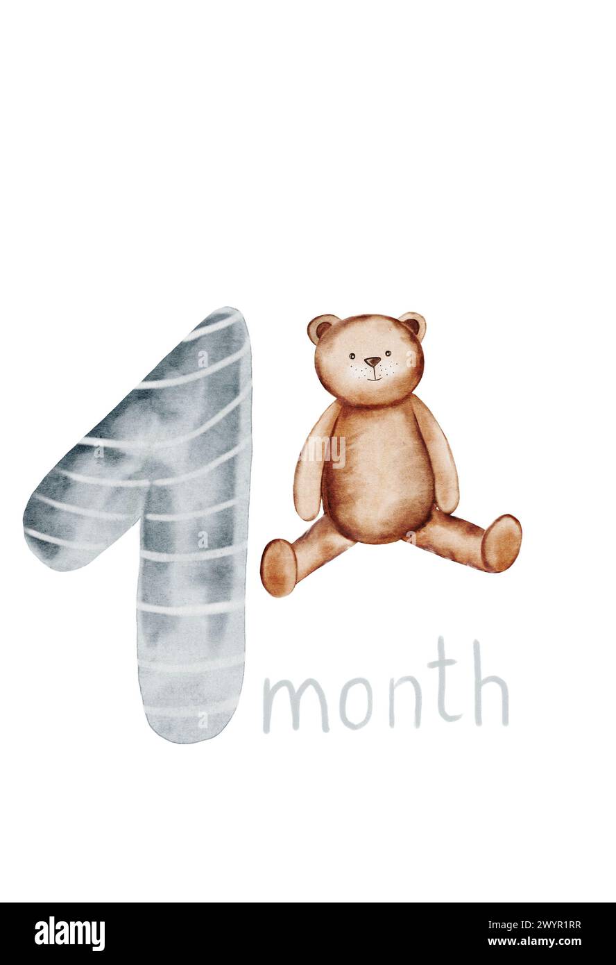 Baby card watercolor illustration with number 1. Cute metric hand drawing with birth month and teddy bear. Clip art isolated on white background. For Stock Photo