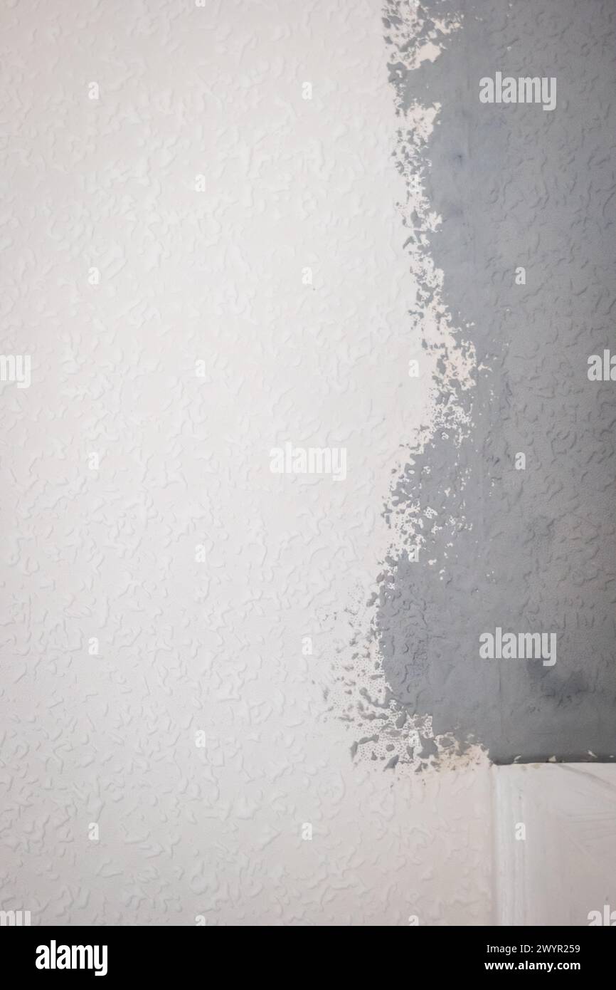 grey painted woodchip wallpaper texture pattern backgroung. Stock Photo