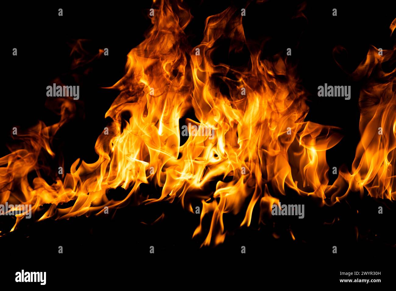 Fire flames isolated on black background. Fire burn flame isolated, flaming burning art design concept with space for text. Stock Photo