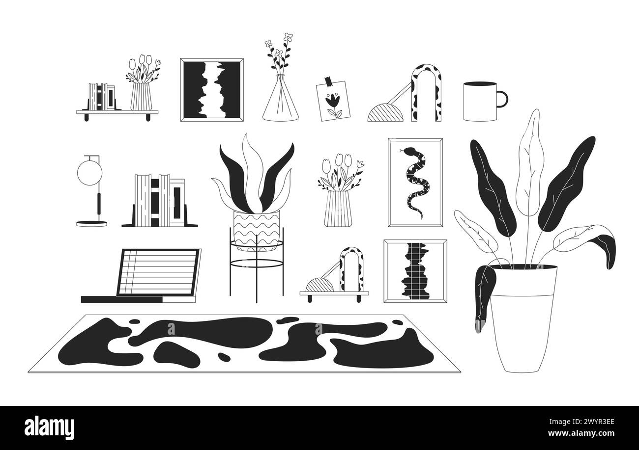 House interior design details black and white 2D line cartoon objects set Stock Vector