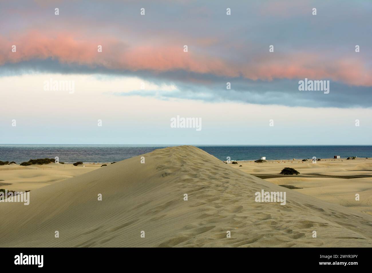 In the dunes of Maspalomas on Gran Canaria in Spain. View of the sea in the evening light with clouds and blue sky. The huge sand dunes resemble a sma Stock Photo