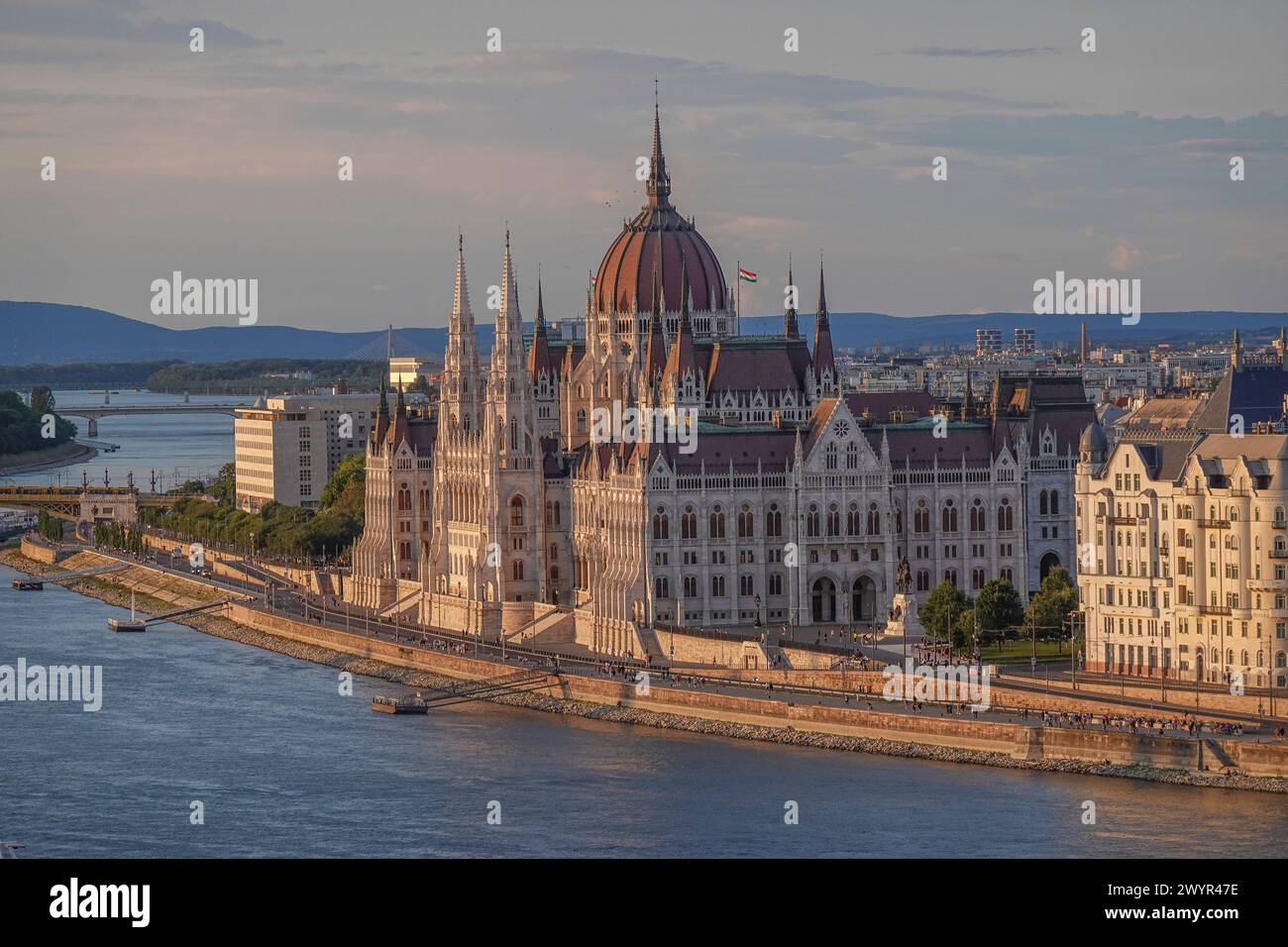 Hungary, Budapest, Panoramic view of the Neo-Gothic Hungarian Parliament building and Danubio river. The Hungarian Parliament Building also known as t Stock Photo