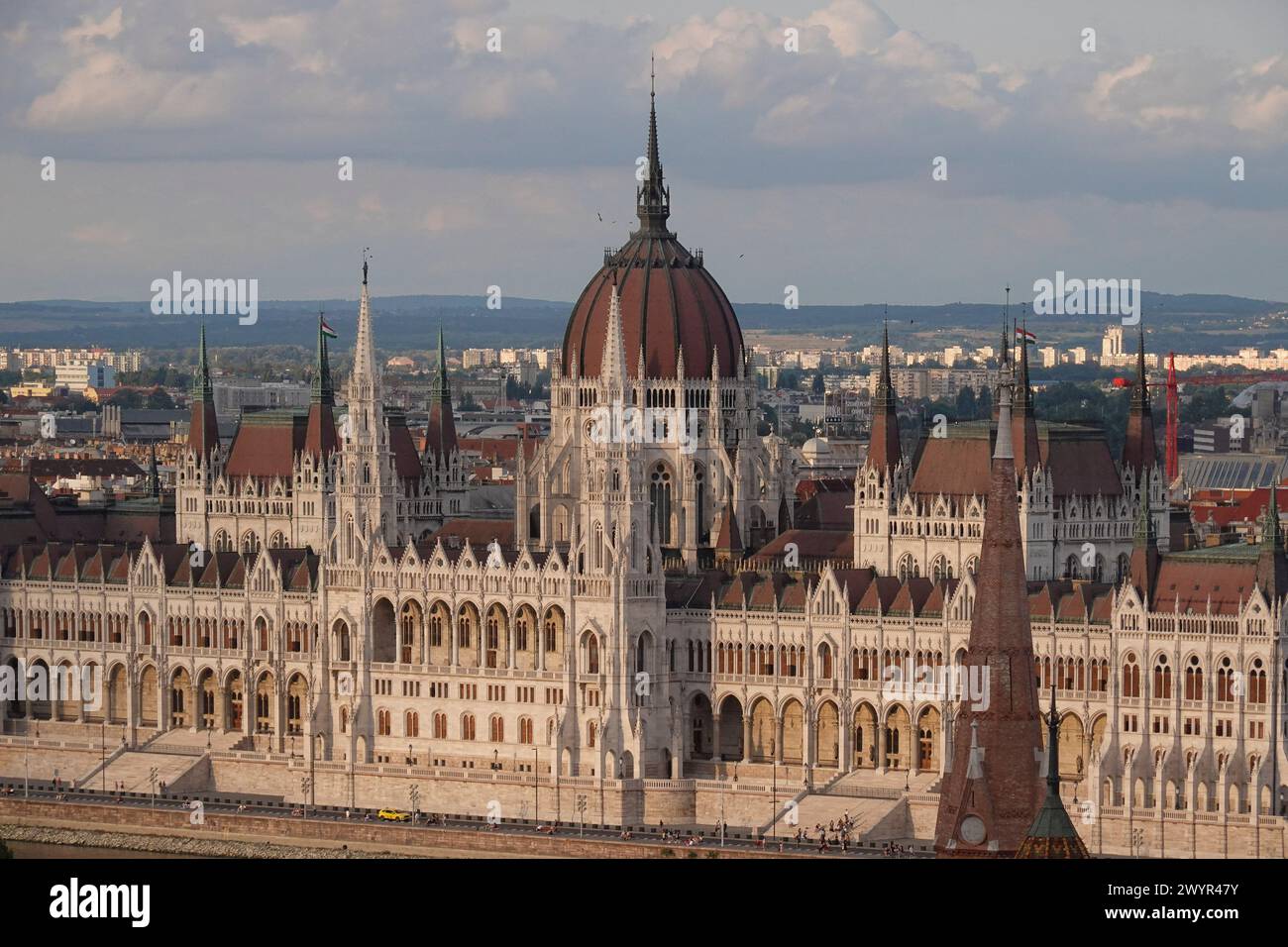 Hungary, Budapest, Panoramic view of the Neo-Gothic Hungarian Parliament building. The Hungarian Parliament Building also known as the Parliament of B Stock Photo