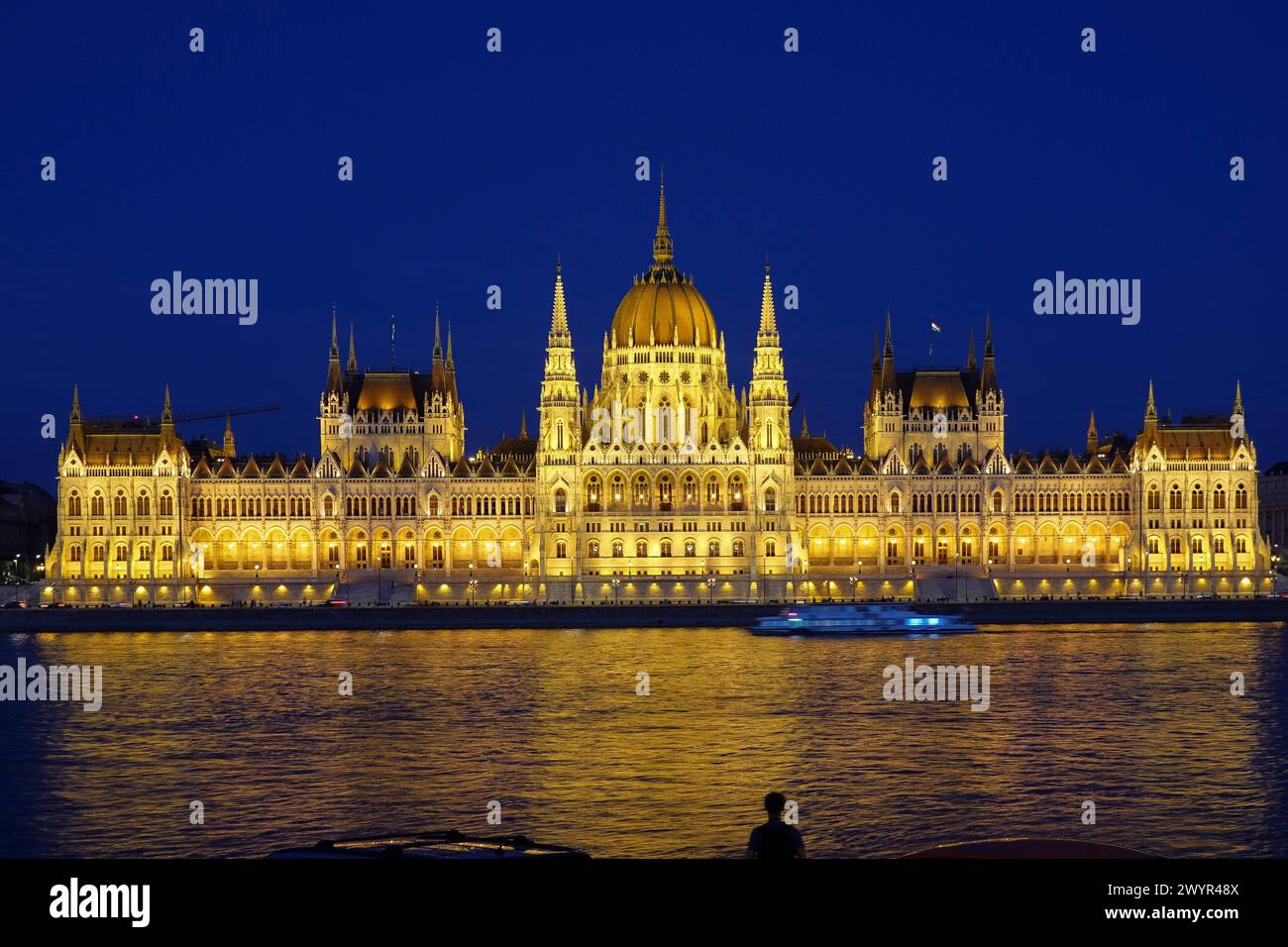 Hungary, Budapest, Night view of the Neo-Gothic Hungarian Parliament building and Danubio river. The Hungarian Parliament Building also known as the P Stock Photo